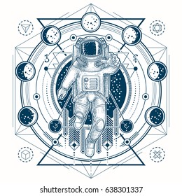 Dibujo vectorial de un astronauta en traje espacial al fondo de un cielo estrellado nocturno, dibujo geométrico de un tatuaje con fases lunares.Imprimir