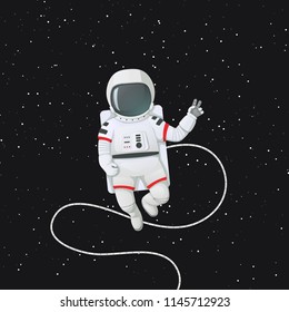 Vector illustration. Astronaut in space with tether making peace or v sign, gesture. Dark space with stars on a background.