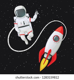 Vector illustration. Astronaut in space tethered to the rocket ship making peace or v sign, gesture. Dark space with stars in a background.