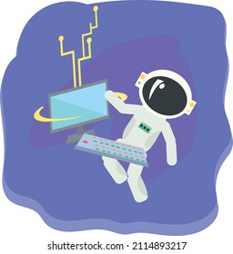 vector illustration, astronaut in space uses communication technologies