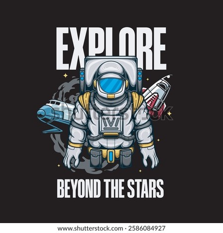 Vector Illustration of Astronaut with Spacecraft in Detailed Vintage Illustration Available for Tshirt Design