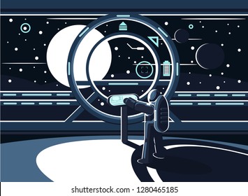 A vector illustration of an astronaut or spaceman controlling a space station using a control panel while flying in space. Exploration of the planets.