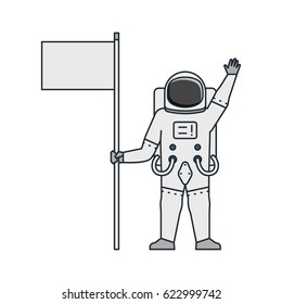 Vector illustration of an astronaut in spacesuit holding a flag and waving by his hand on white background. Space topic.