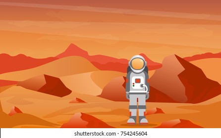 Vector illustration astronaut in a spacesuit on Mars or another planet with prcky desert landscape