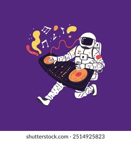 Vector illustration of an astronaut in a spacesuit playing a music player on a purple background. The fantasy illustration is perfect for a space design