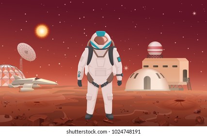 Vector illustration of astronaut in spacesuit standing at colony on planet.