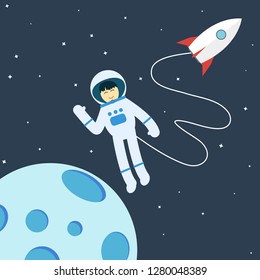 Vector illustration of an astronaut in a spacesuit that waves his hand in the open space