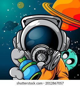 VECTOR ILLUSTRATION OF ASTRONAUT WITH SPRAY PAINT AND LITTLE MONSTER IN THE BACK