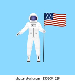 vector illustration of an astronaut standing with an american flag on a blue background. NASA. American space program. American space policy. USA