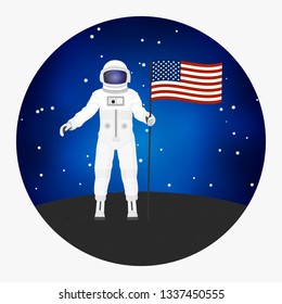 vector illustration of an astronaut standing with an american flag on a space background. American space program. American space policy. USA