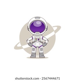 Vector illustration of an astronaut standing confidently wearing a purple visor. This illustration is suitable for character stickers, key chains, clothing screen printing, etc.