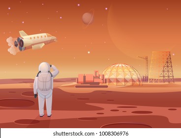 Vector illustration of astronaut standing at Mars colony and looking at flying spaceship.