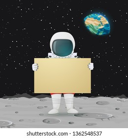 Vector illustration. Astronaut standing on the moon surface holding big sign. Outer space, Earth and stars in the background.