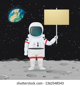 Vector illustration. Astronaut standing on the moon surface holding a sign. Outer space, Earth and stars in the background.