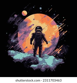 vector illustration of astronaut standing on a mystery planet looking at the wonders of cosmos. Pop art style space adventure concept art.  