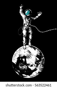 Vector illustration of astronaut standing on the moon. Vintage engraving style