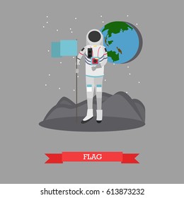 Vector illustration of astronaut standing on surface of new planet with flag. Space Pioneer, space explorer design element in flat style.