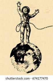 Vector illustration of astronaut standing on the moon. Vintage engraving style on old yellow paper sheet.