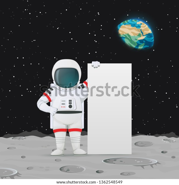 Vector illustration. Astronaut standing on\
the moon surface near the big sign. Outer space, Earth and stars in\
the background.