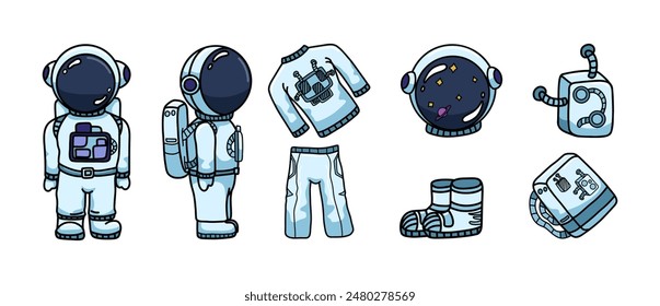 Vektorillustration von Astronauten, die gerade und seitwärts reisen, Astronautenkram. Vektorillustration, Aufkleber für Druck, Web, Dekor.