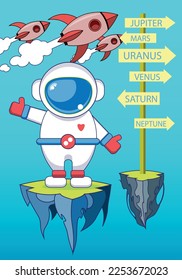 vector illustration of an astronaut traveling in space to the planets of the solar system