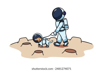 Vektorillustration eines Astronauten beim Hundegehen. Vektorillustration, Aufkleber für Druck, Web, Dekor