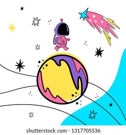 Vector illustration of an astronaut walking on a planet in space. Doodle style. Space background