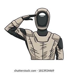 Vector illustration of an astronaut wearing a space suit and performing the military salute with his right hand. Design in color.