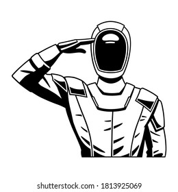 Vector illustration of an astronaut wearing a space suit and performing the military salute with his right hand. Design in black and white.