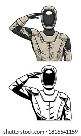 Vector illustration of an astronaut wearing a space suit and performing the military salute with his right hand. Design in color and black and white version.