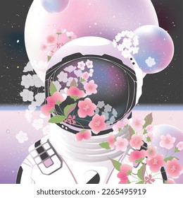 Ilustración vectorial de un astronauta con casco espacial decorado con flores de flores de cerezo.	