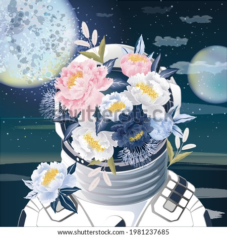 Vector illustration of an astronaut wearing a space helmet decorated with various flowers against the backdrop of the planets. 