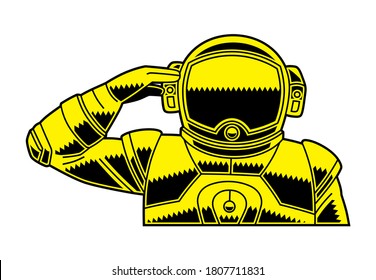 Vector illustration of an astronaut wearing a spacesuit  Chest to head, facing the front and performing the military salute with his right hand. Design in yellow and white and border lines.