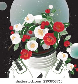 Vector illustration of an astronaut wearing a spacesuit decorated with various Camellia flowers.