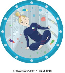 Vector Illustration Of An Astronaut Woman Inside The International Space Station In Meditation. Includes Apple, Space Food