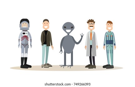 Vector illustration of astronauts, alien, scientist, doctor cartoon characters. Space people flat style design elements, icons isolated on white background.