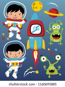 vector illustration of astronauts cartoon characters in outer space with aliens, spaceship and planets