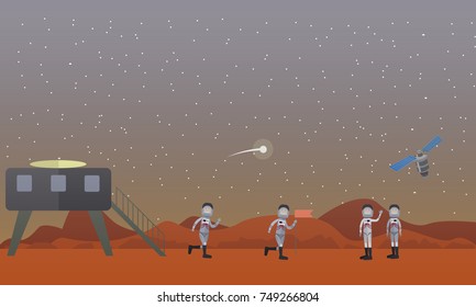 Vector illustration of astronauts with flag landing on Mars, Red Planet. Mars mission concept design element in flat style.