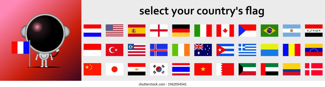 Vector illustration of astronauts flying the right on the planet, with a collection of flags of 33 countries for students, college students, books, cartoons, animation