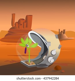 vector illustration astronaut's helmet with germinated inside bean sprouts on the planet Mars