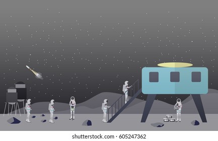 Vector Illustration Of Astronauts Landing On The Moon Surface, Space Base. Moon Exploration Concept Design Element In Flat Style.