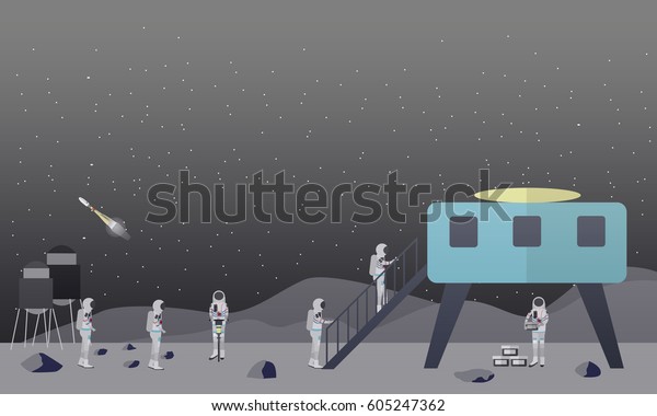 Vector illustration of astronauts landing on the\
Moon surface, space base. Moon exploration concept design element\
in flat style.
