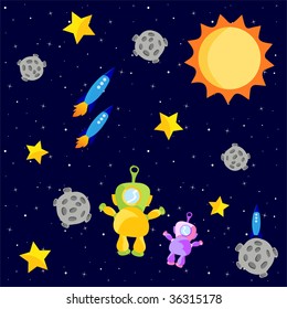 Vector Illustration of astronauts and rocket ships floating in outerspace with the sun and stars.