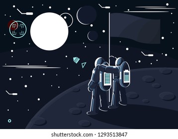 Vector illustration of astronauts standing together on the moon or another planet near the flag and dreaming to conquer Mars. One cosmonaut hugs another. Space exploration concept.