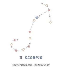 Vector illustration of the astronomical constellation Scorpius (the zodiac sign Scorpio), with Antares (Alpha Scorpii) as the brightest star. The traditional astrological symbol of the zodiac, along with the name of the zodiac sign written in star letters. Scorpio (the scorpion) is the eighth astrological sign of the zodiac.