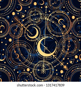 Vector illustration, astronomical geometry, moon, stars, Handmade, seamless pattern, blue background