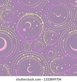 Vector illustration, astronomical geometry, moon, stars, Handmade, purple  background, seamless pattern