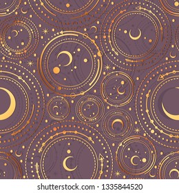 Vector illustration, astronomical geometry, moon, stars, Handmade, dark purple  background, seamless pattern