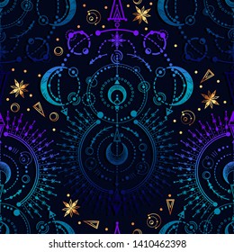 Vector illustration, astronomical geometry, moon, stars, print on t-shirt, tattoo, Handmade, seamless pattern, dark blue  background