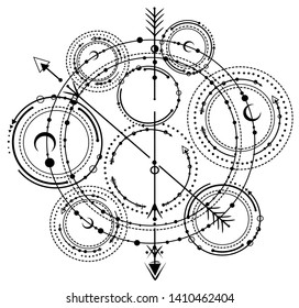 Vector illustration, astronomical geometry, moon, stars, Handmade, print on t-shirt, tattoo